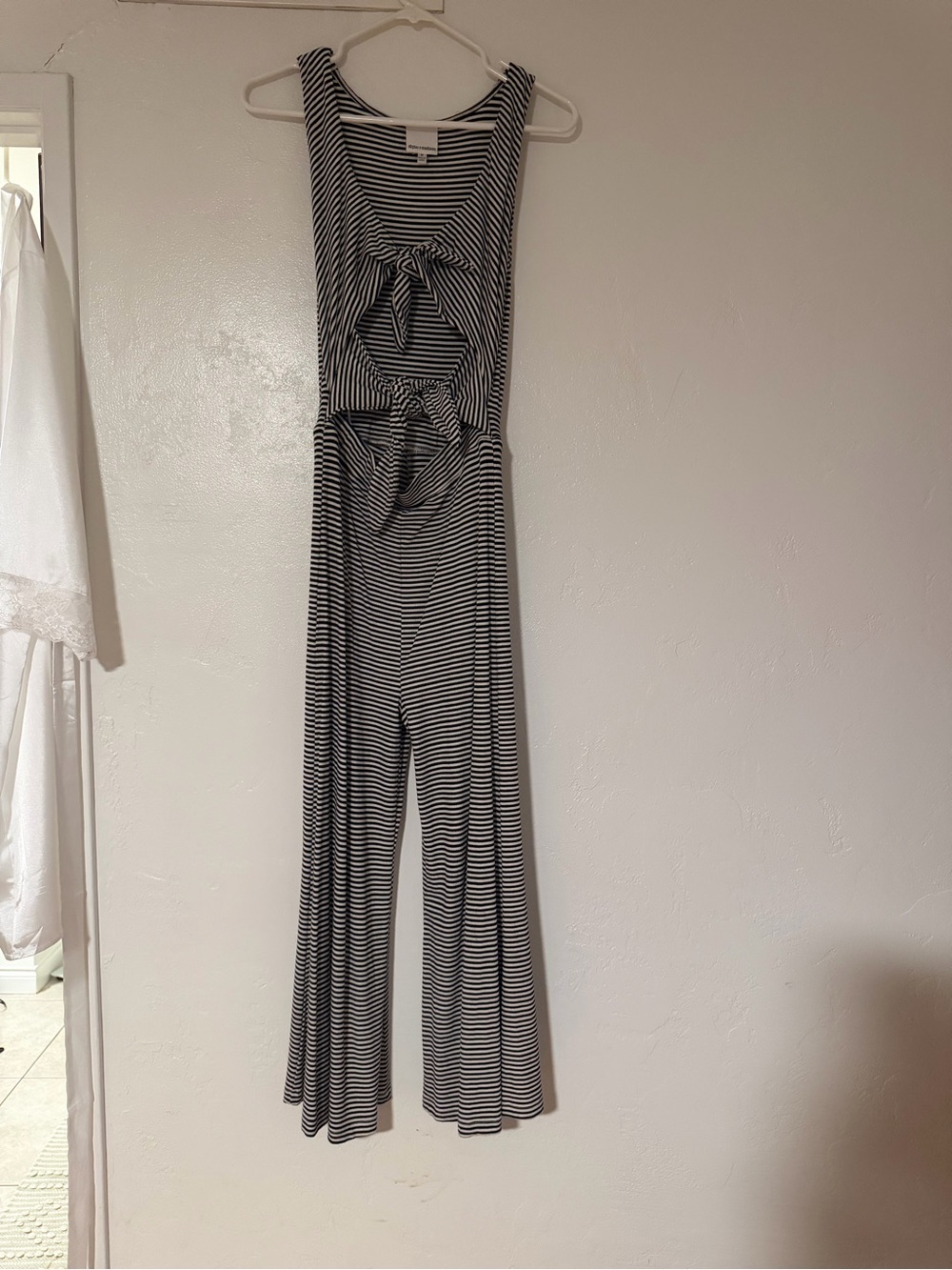 Striped Black & White Wide-Leg Jumpsuit with Front Tie